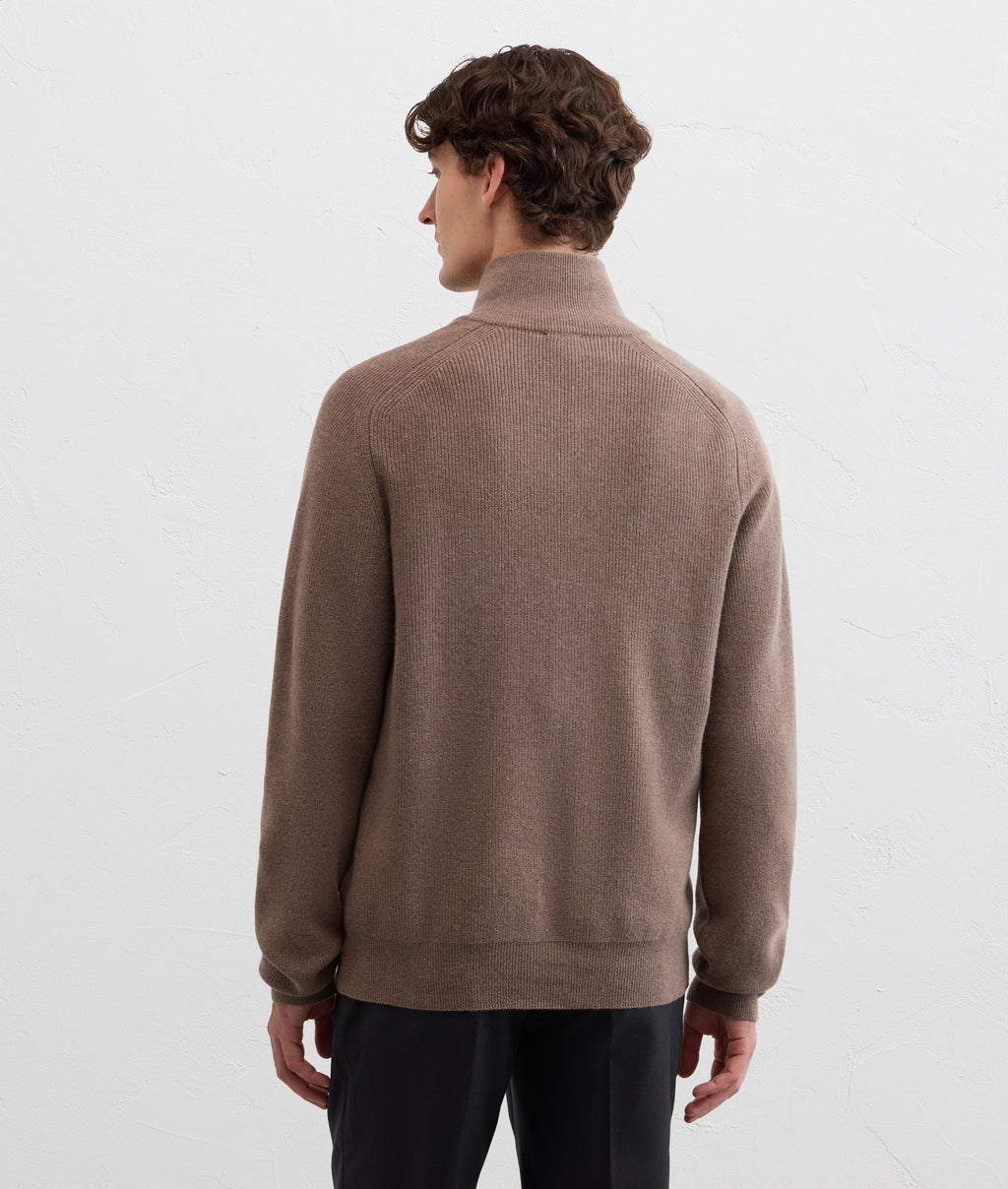 brown wool silk and cashmere fisherman rib cardigan in SOFT BROWN, view 4