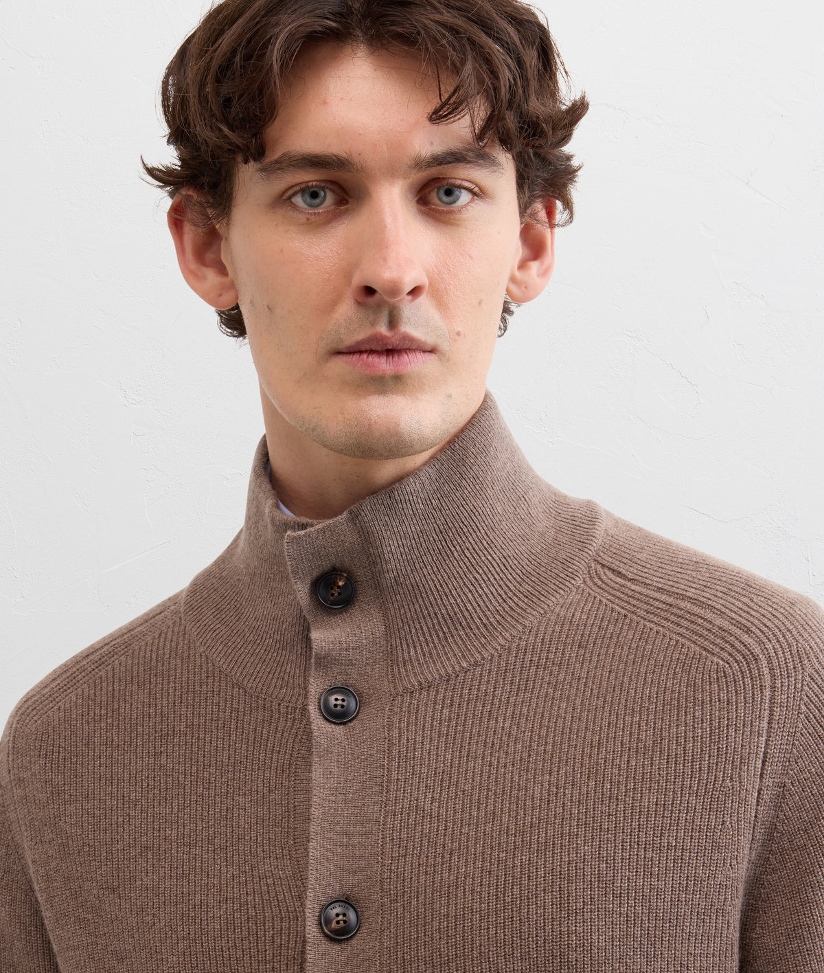 brown wool silk and cashmere fisherman rib cardigan in SOFT BROWN, view 5
