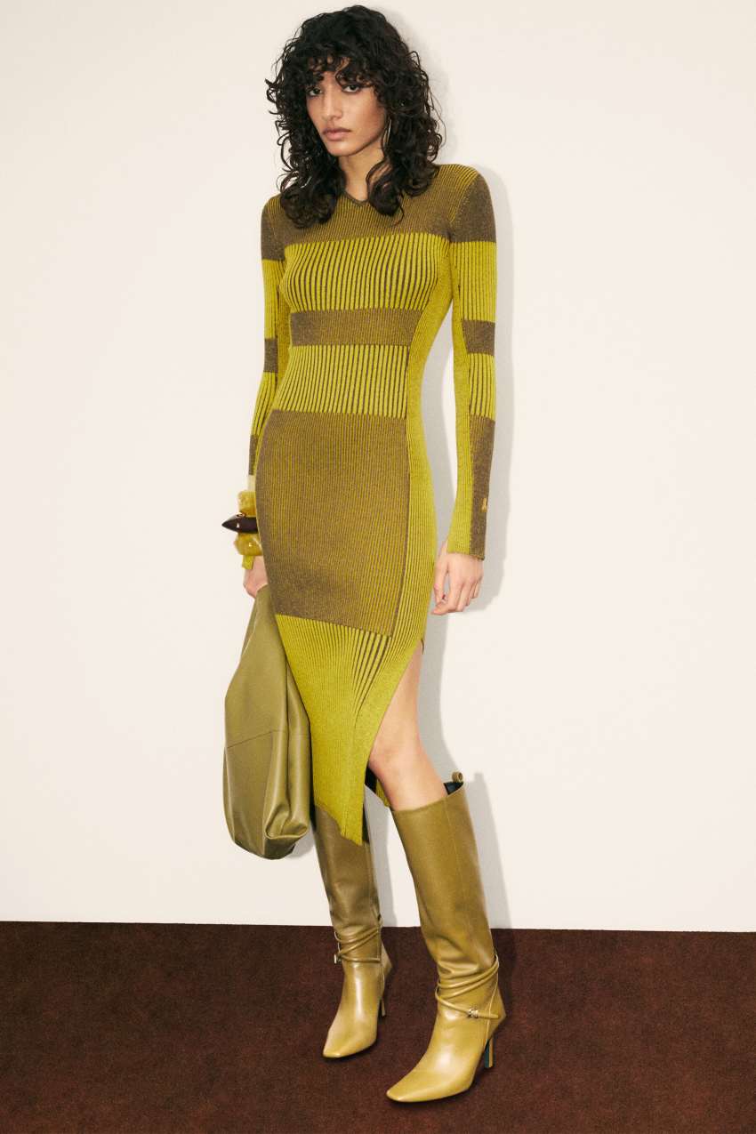 Two-tone knit midi dress in Craft Brown/Antique Yellow, primary view