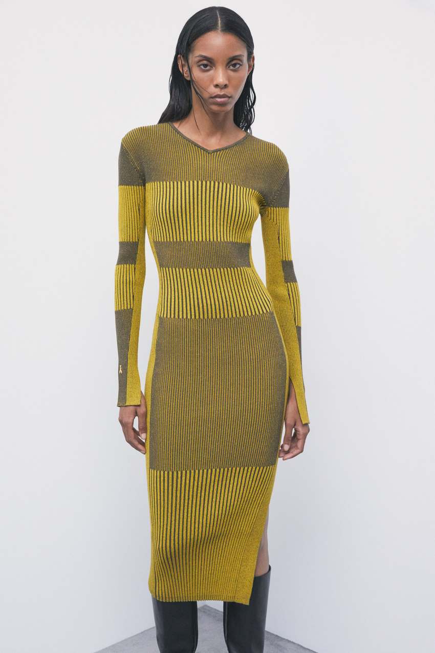 Two-tone knit midi dress in Craft Brown/Antique Yellow, view 2