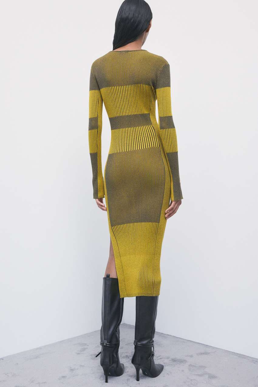 Two-tone knit midi dress in Craft Brown/Antique Yellow, view 3