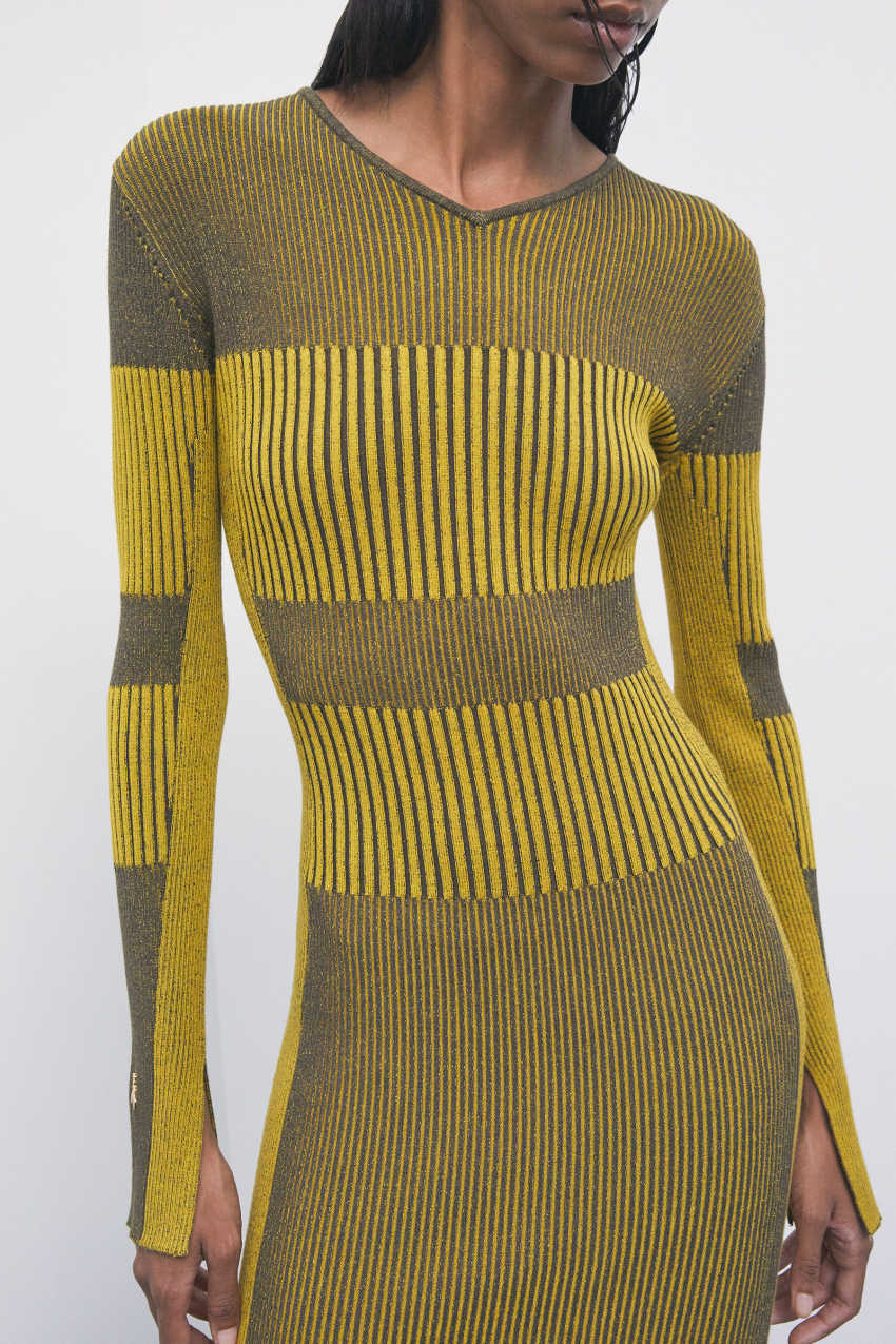 Two-tone knit midi dress in Craft Brown/Antique Yellow, view 4