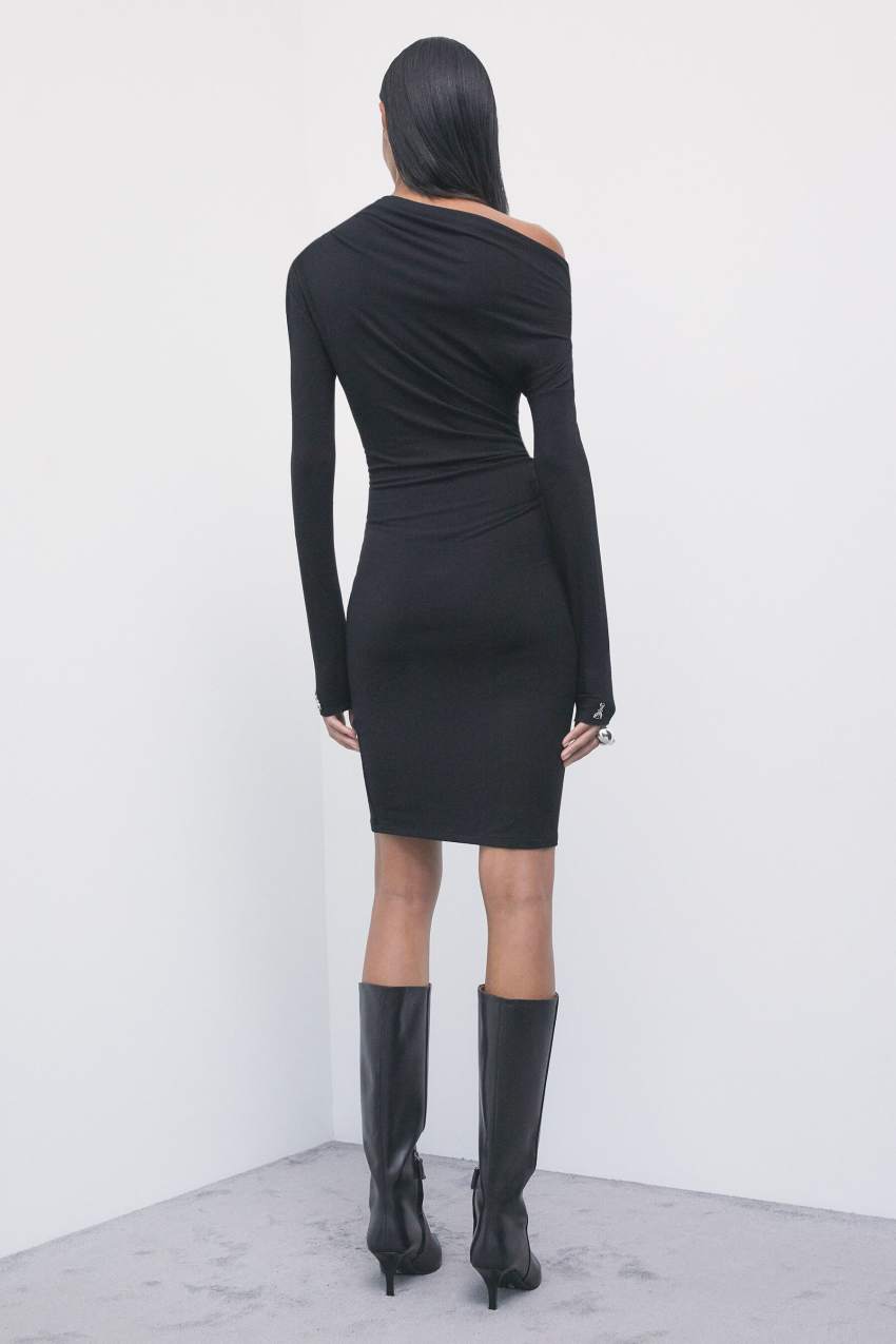 Draped Wool Blend Midi Dress in Nero, view 3