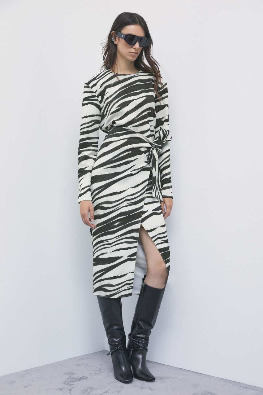 Zebra print wrap midi dress in Black & White Zebra, primary view [fp-color:black-and-white-zebra]