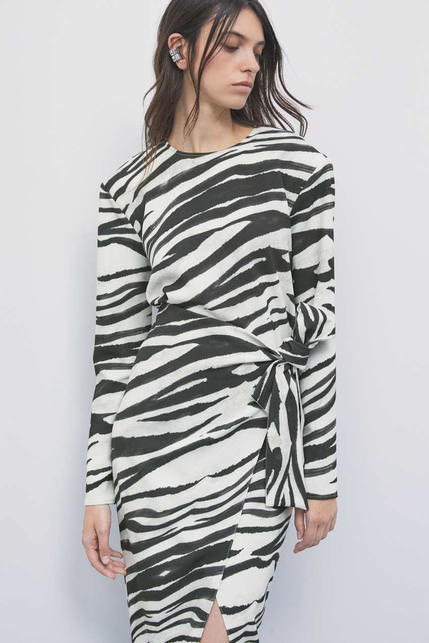Zebra print wrap midi dress in Black & White Zebra, view 2