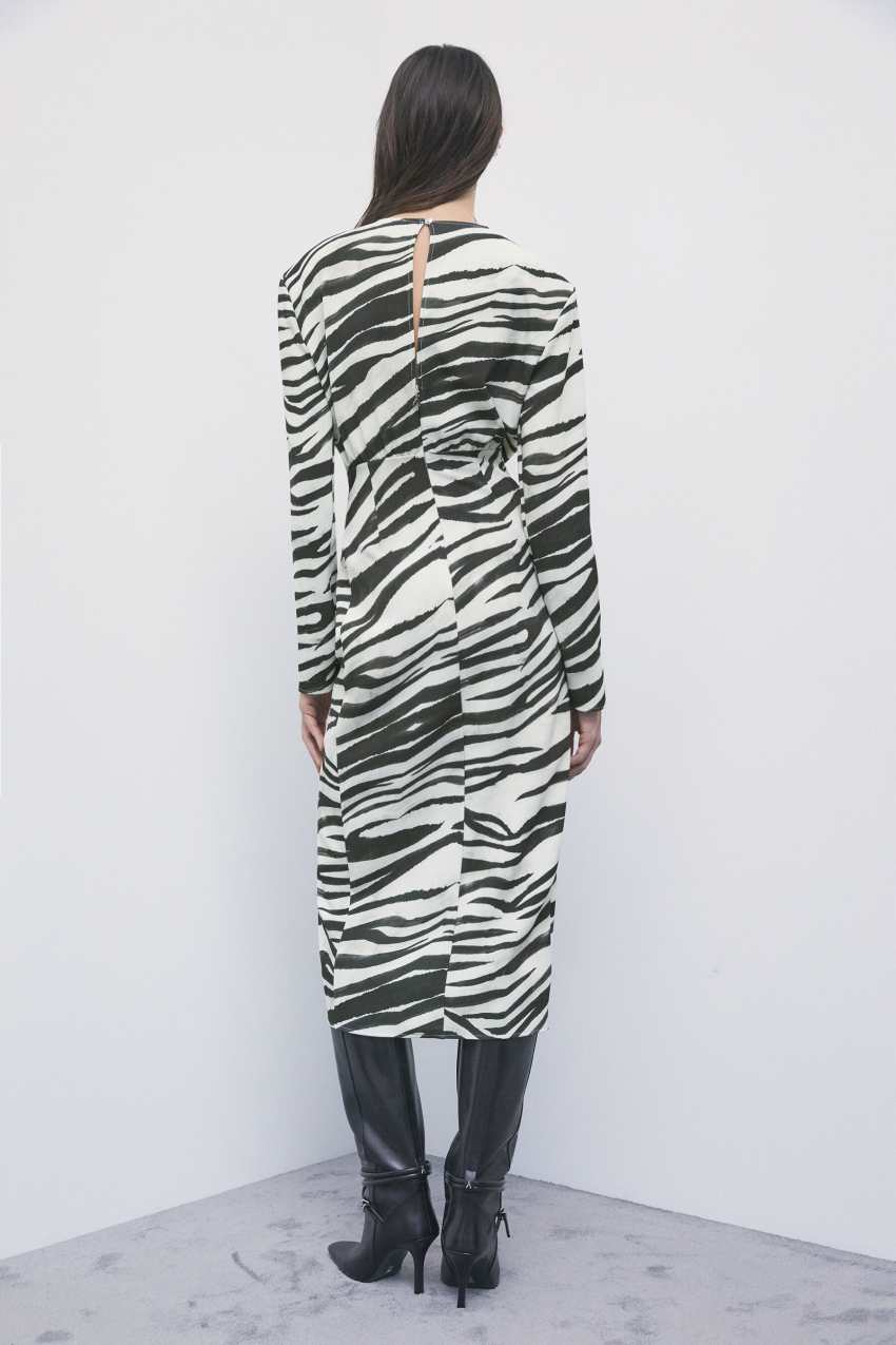 Zebra print wrap midi dress in Black & White Zebra, view 3