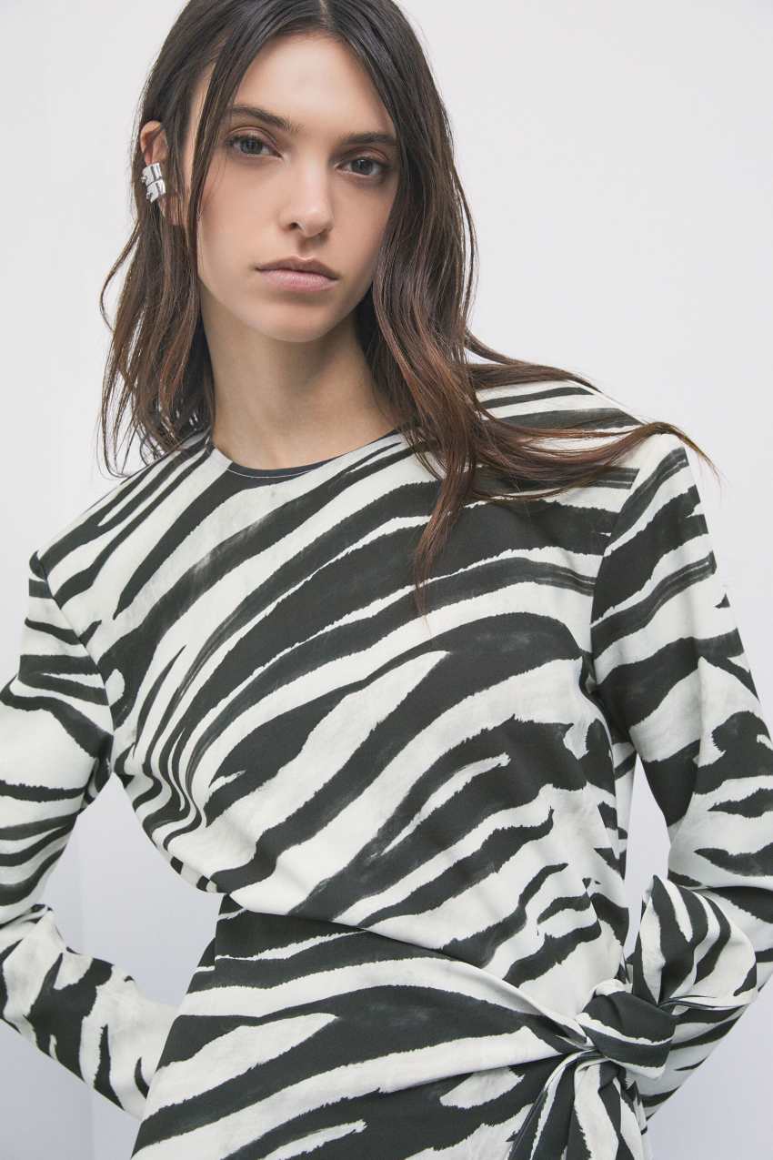 Zebra print wrap midi dress in Black & White Zebra, view 4