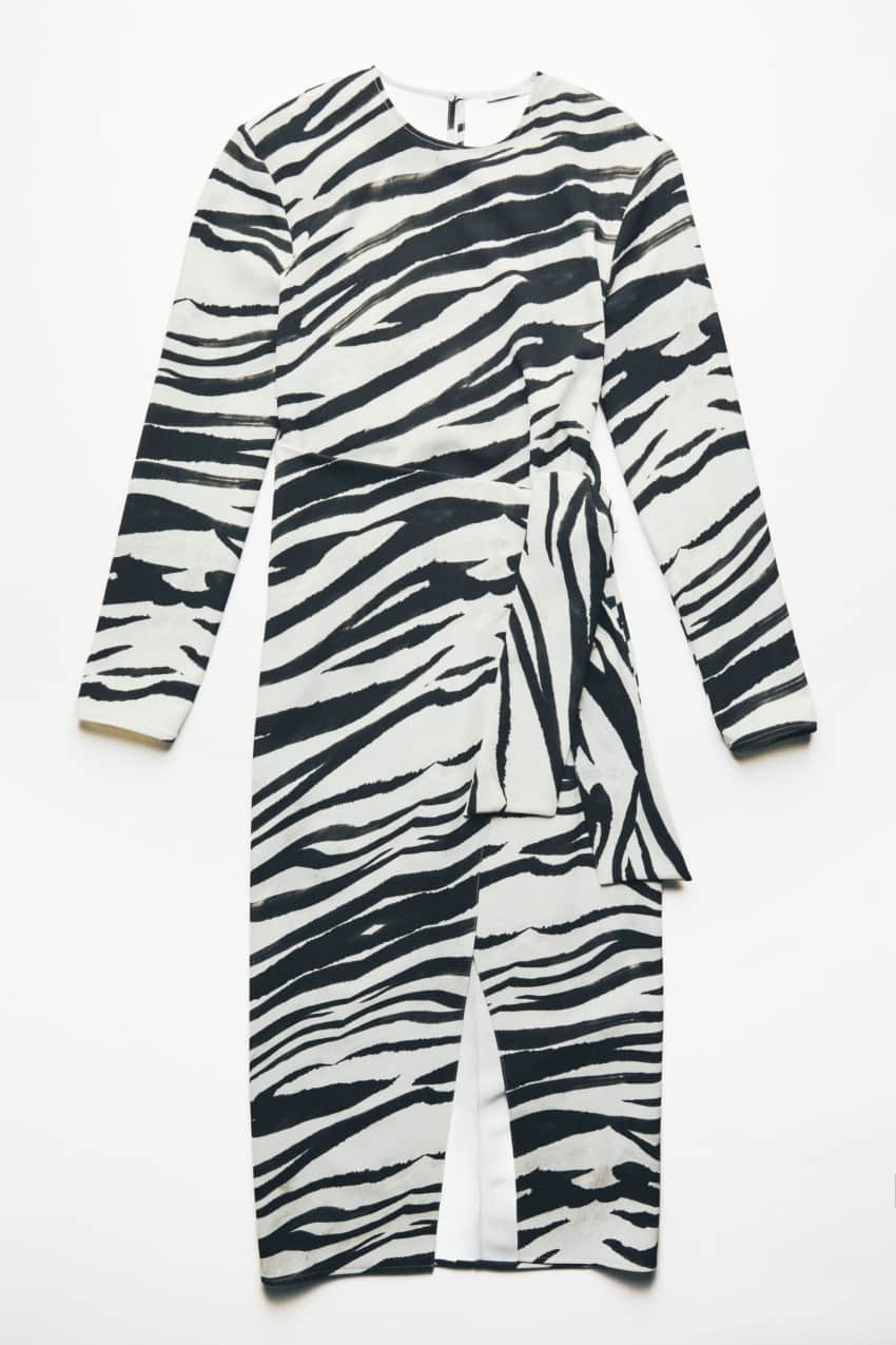 Zebra print wrap midi dress in Black & White Zebra, view 5