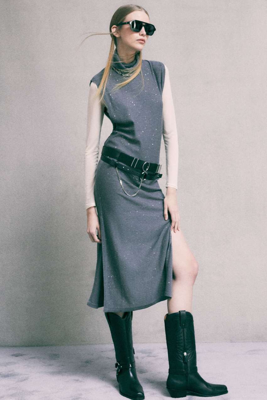 Belted midi knit dress in Astral Grey, primary view