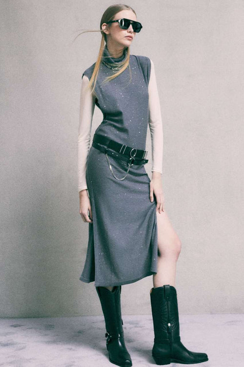 Belted midi knit dress in Astral Grey, primary view [fp-color:astral-grey]