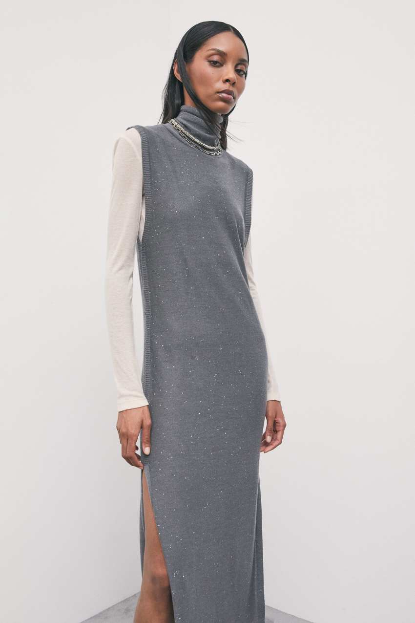 Belted midi knit dress in Astral Grey, view 2