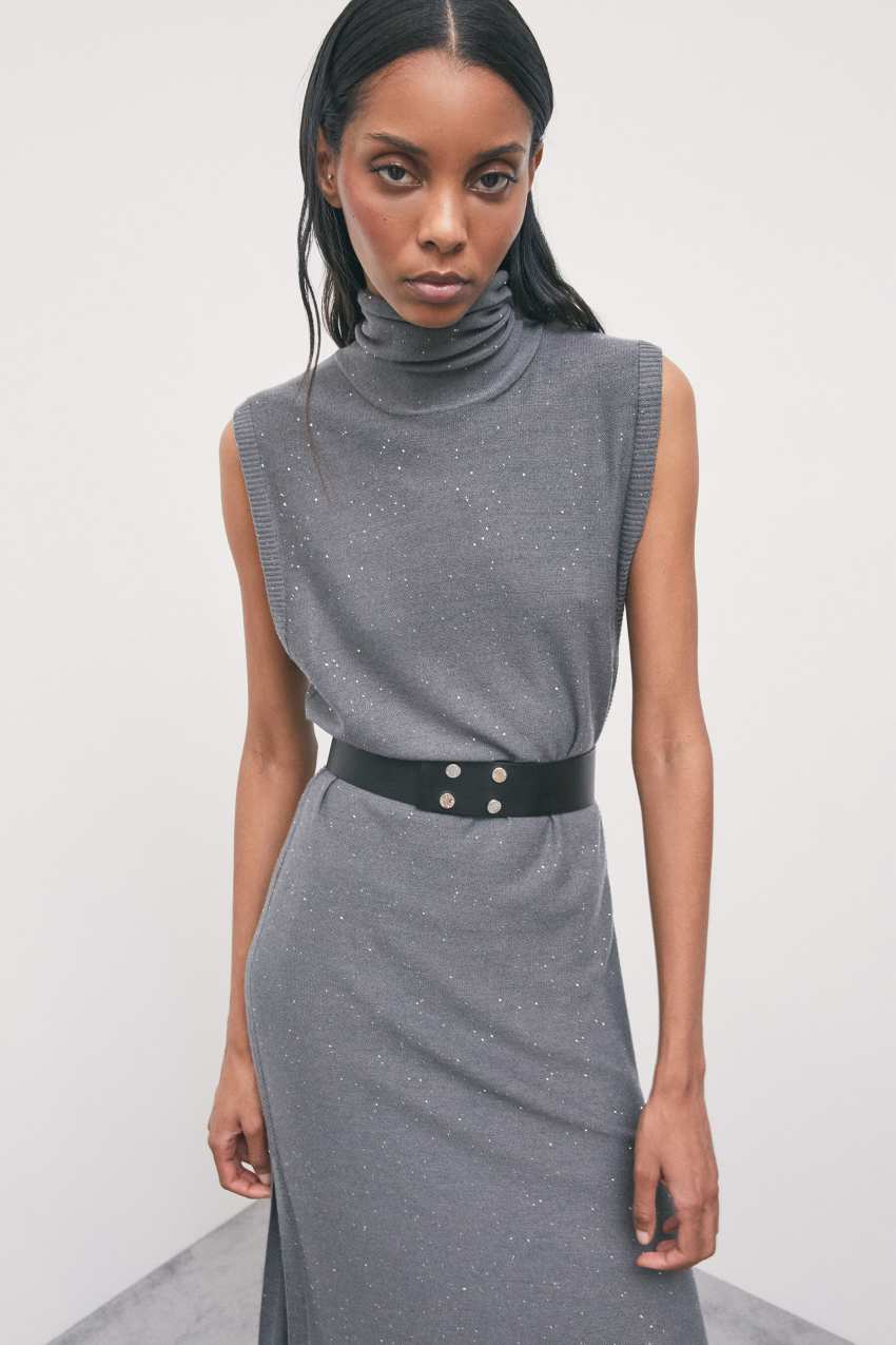 Belted midi knit dress in Astral Grey, view 4