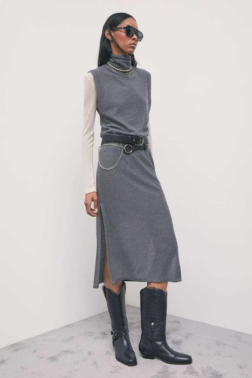 Belted midi knit dress in Astral Grey, view 5