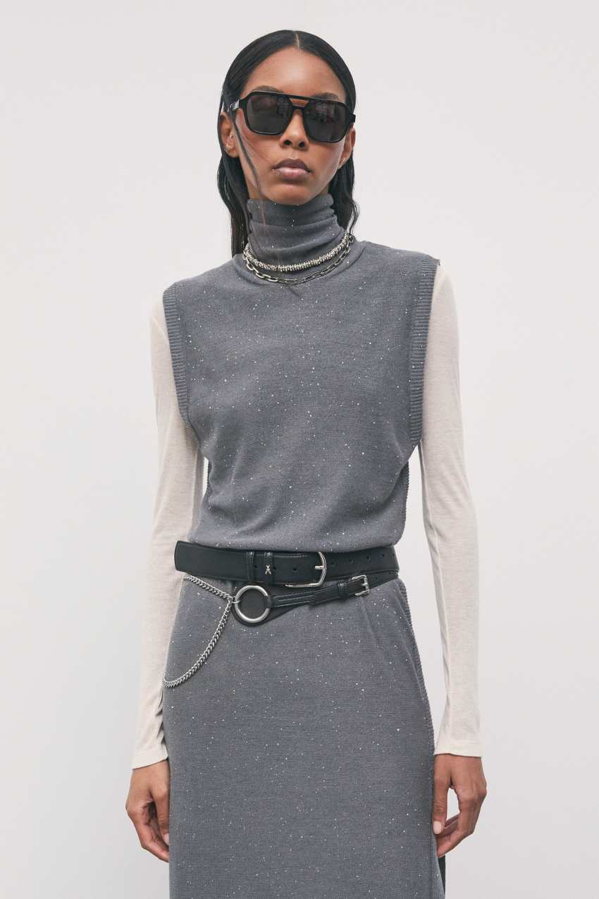 Belted midi knit dress in Astral Grey, view 6