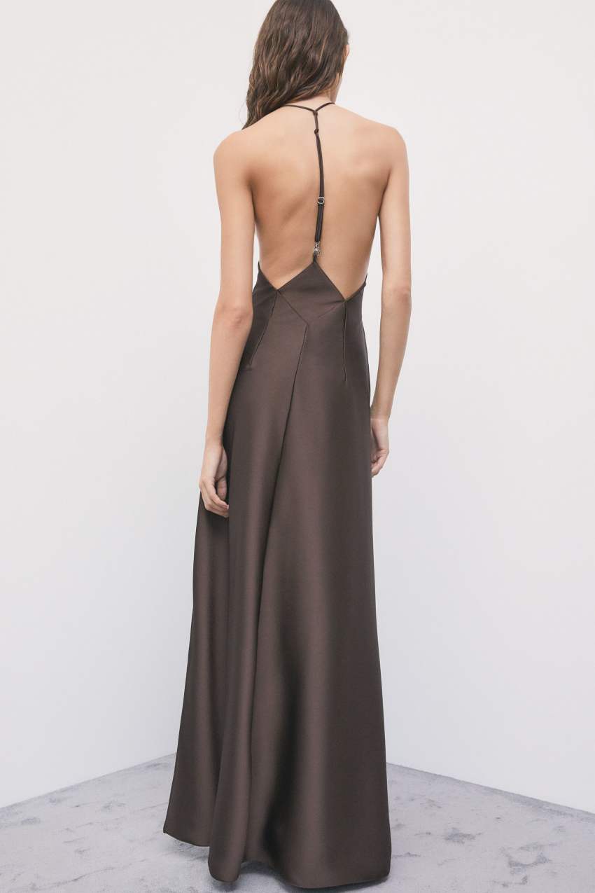 Fluid satin occasion dress in Dark Chocolate, view 3