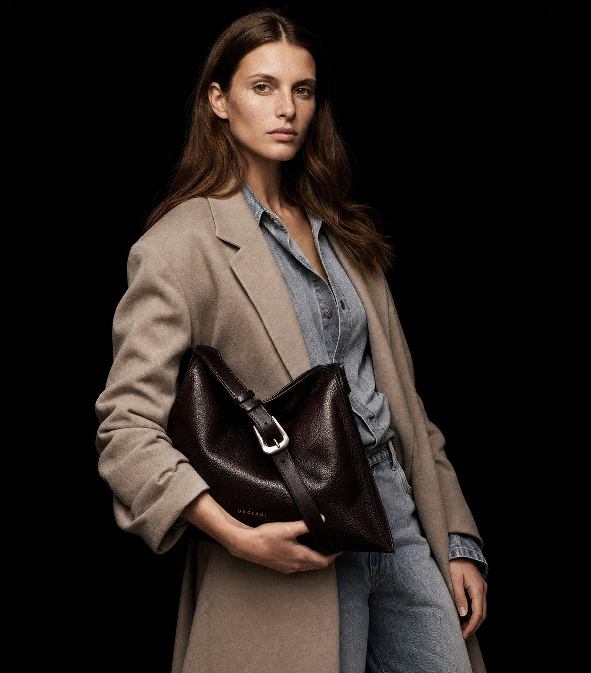 Curve Three-Compartment Leather Shoulder Bag