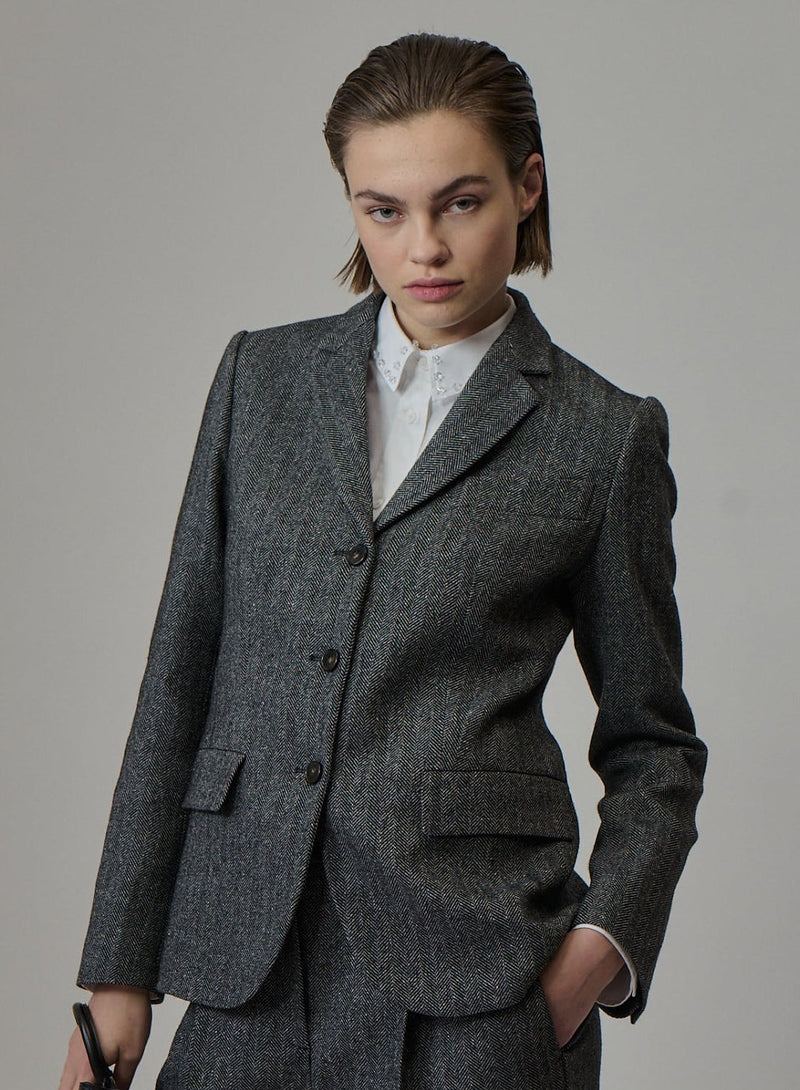 Single-Breasted Herringbone Wool and Silk Jacket