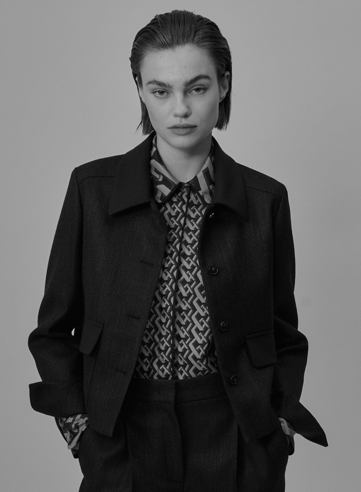 Lorena Antoniazzi cropped herringbone jacket, original monochrome editorial portrait