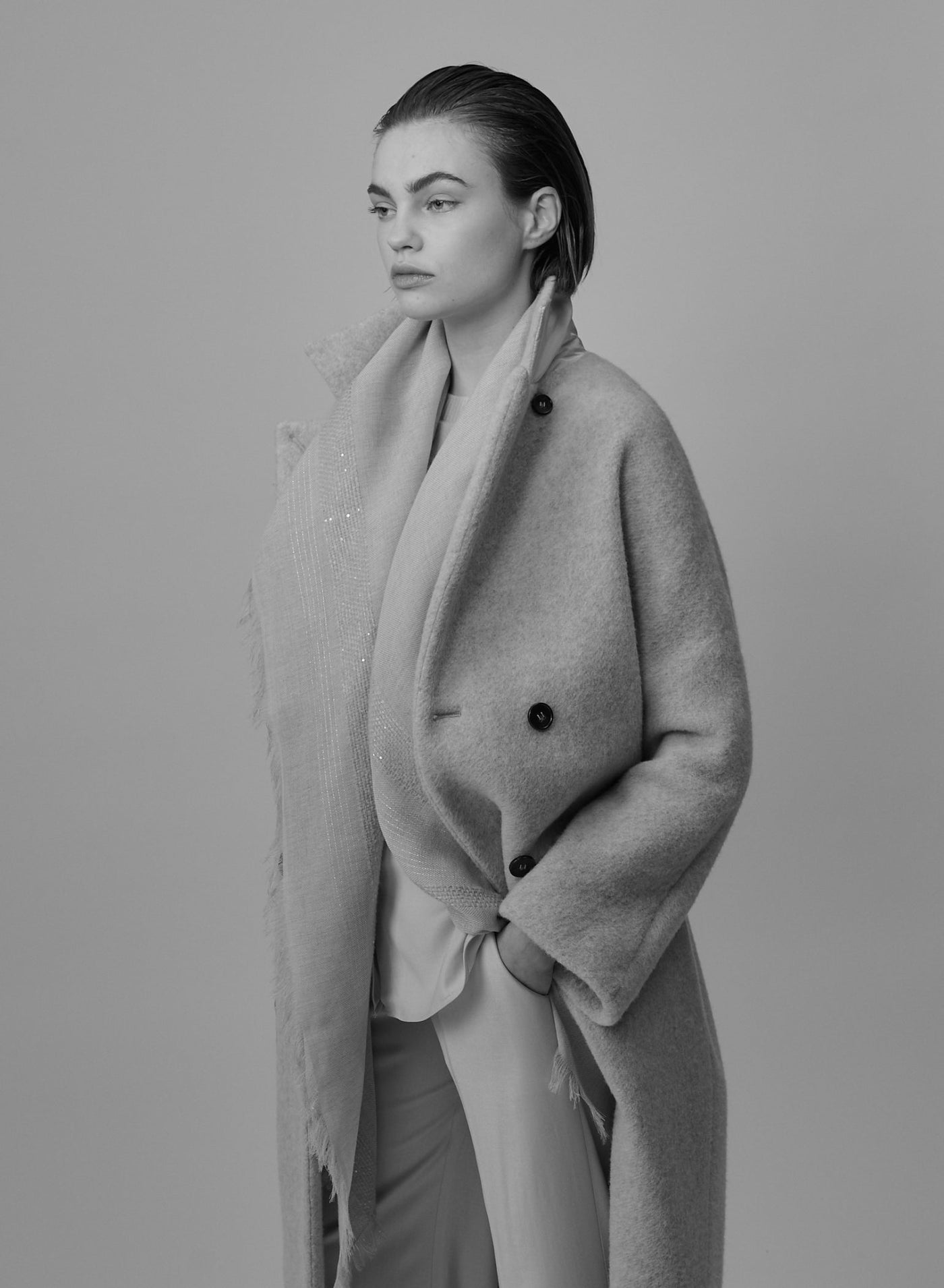 Lorena Antoniazzi teddy coat, original monochrome editorial portrait