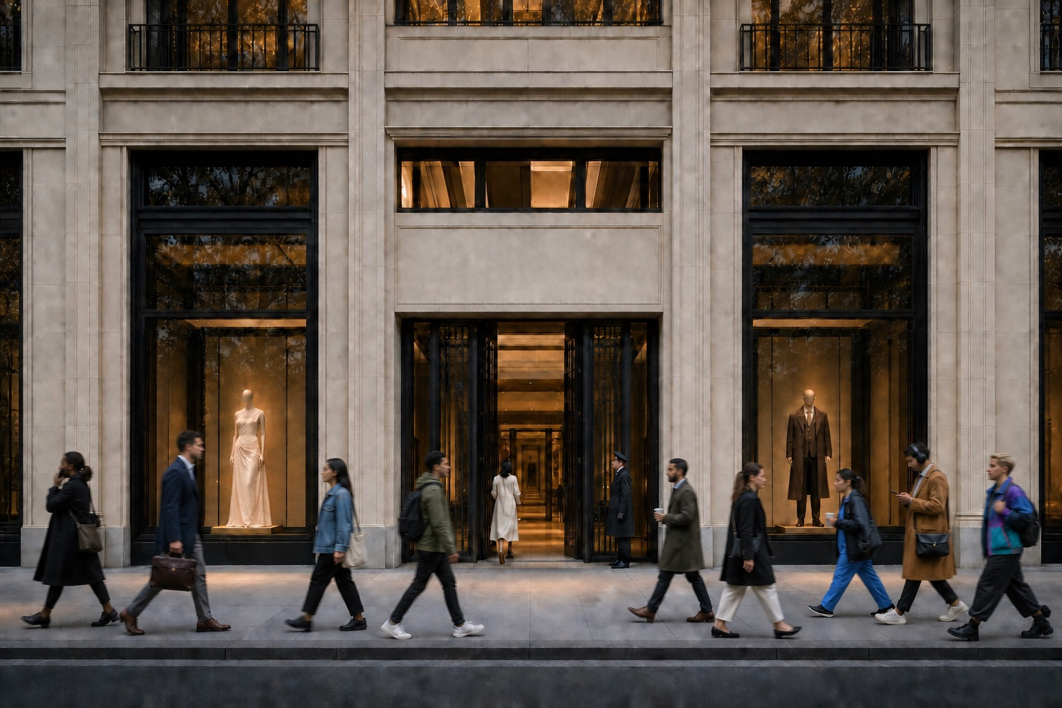 Pedestrians passing the illuminated windows of Fifth & Piedmont’s limestone storefront