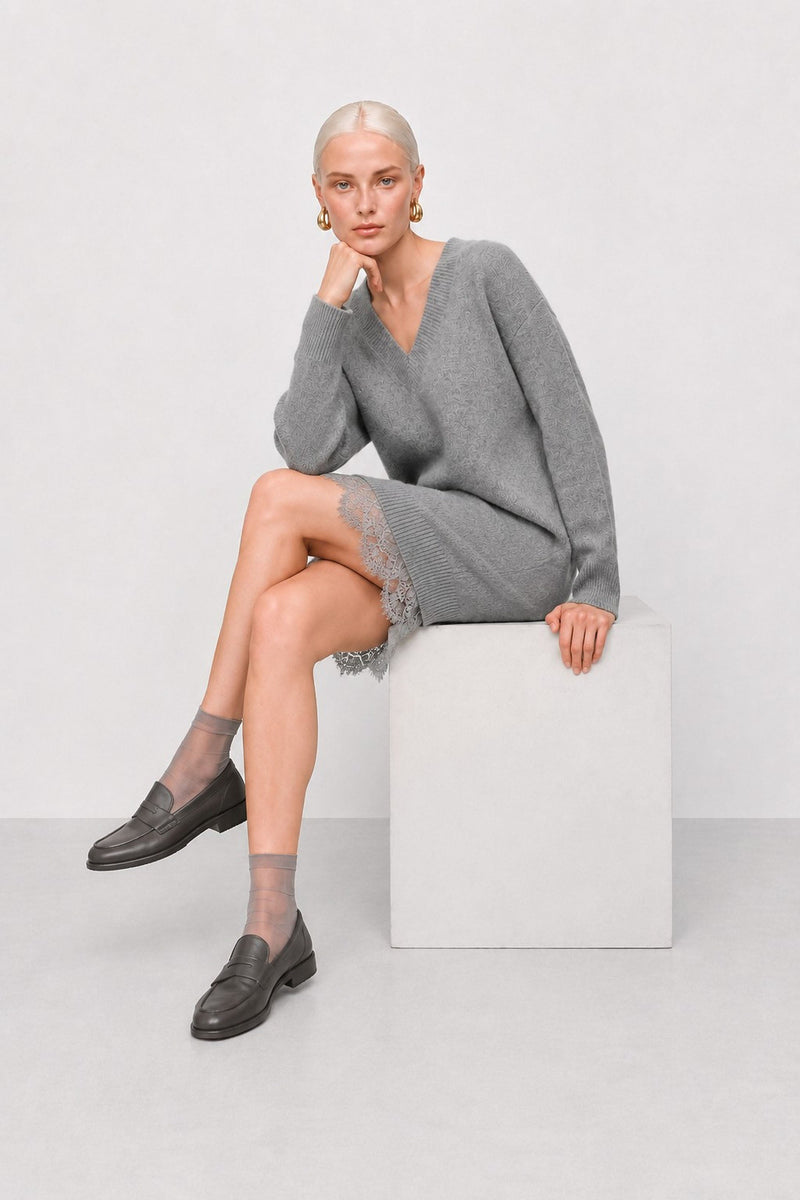 Papamone Wool and Cashmere-Blend Dress with Lace Hem