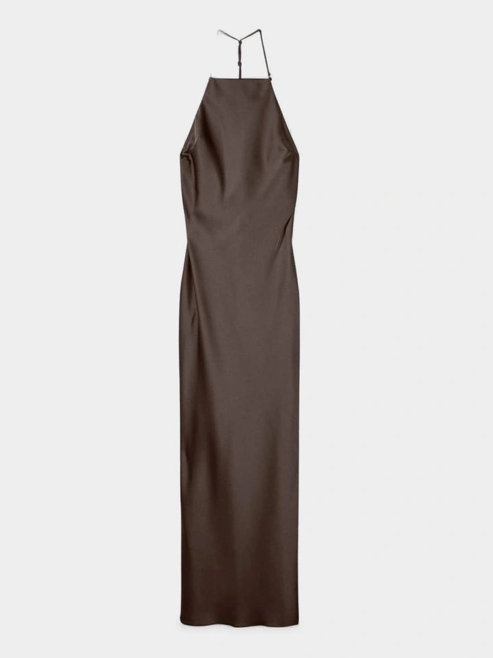 Column Fluid Satin Occasion Dress — Dark Chocolate