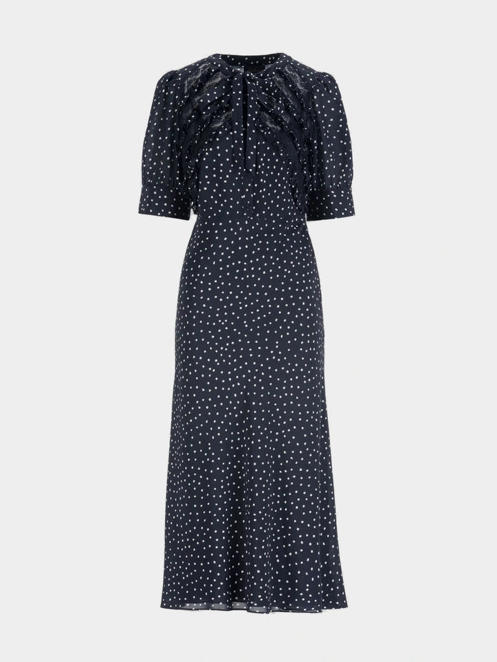 Poise Polka-Dot Silk Midi Dress — Blue