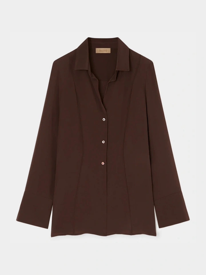 Contour Silk Crêpe de Chine Shirt with Piping — Wood Brown
