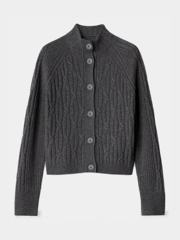 Frame Ribbed Cable-Knit Cashmere Cardigan — Dark Grey Melange