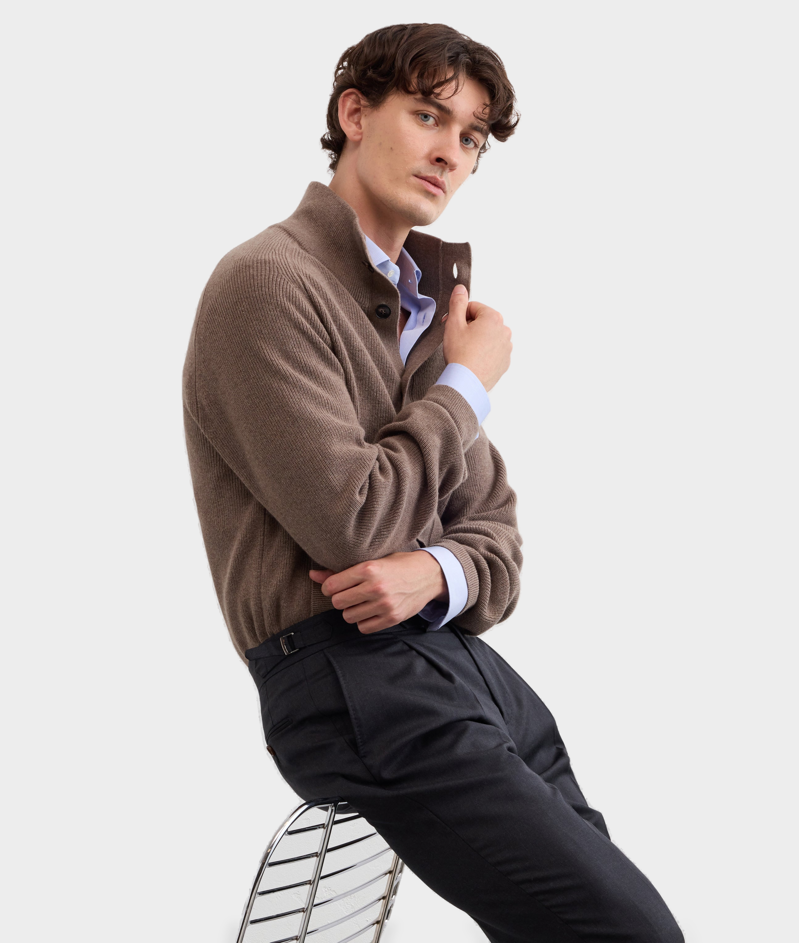 Axis Fisherman Rib Cardigan in Wool, Silk and Cashmere — SOFT BROWN