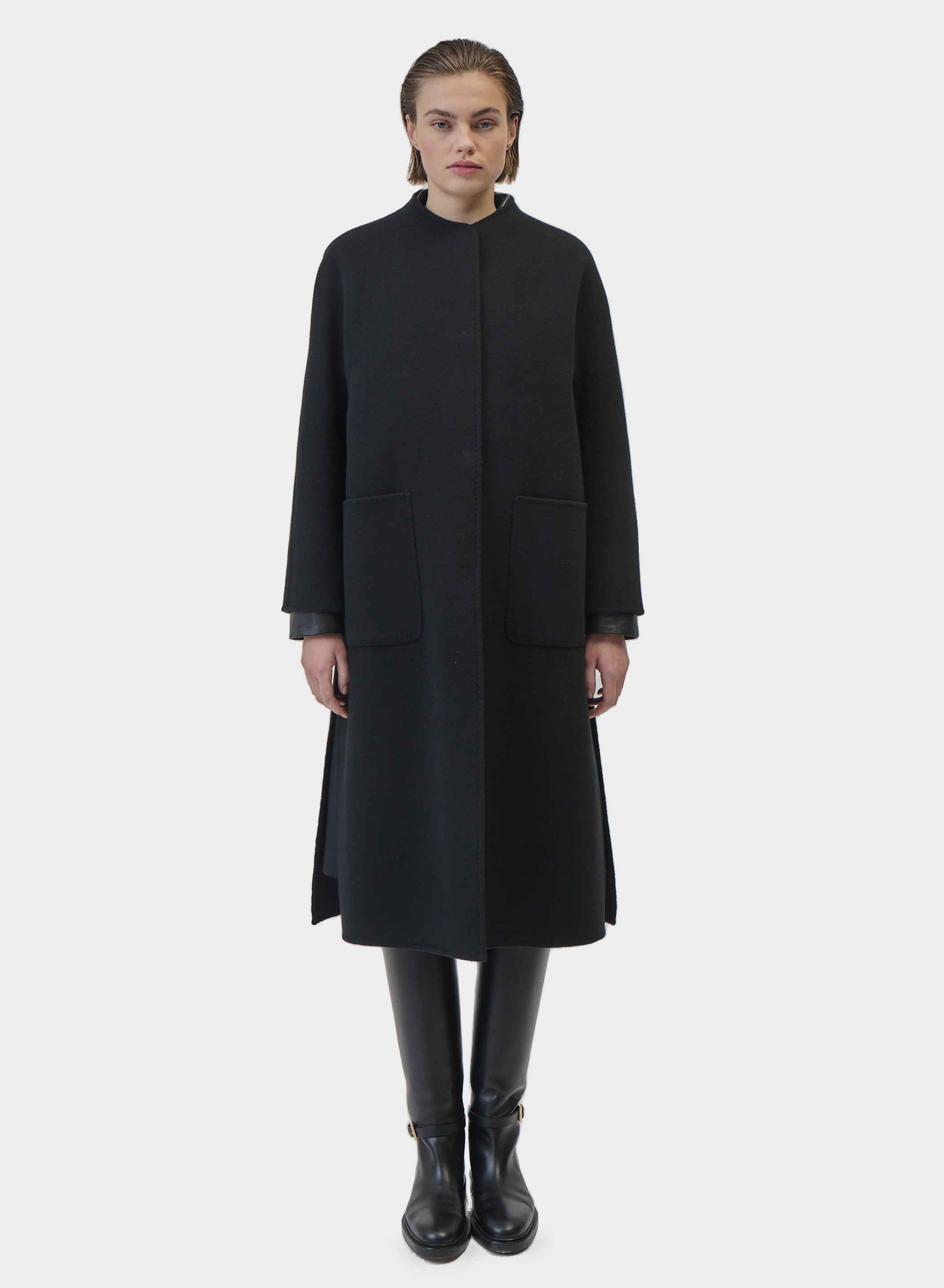 Column Long Double-Faced Wool and Angora Coat — BLACK